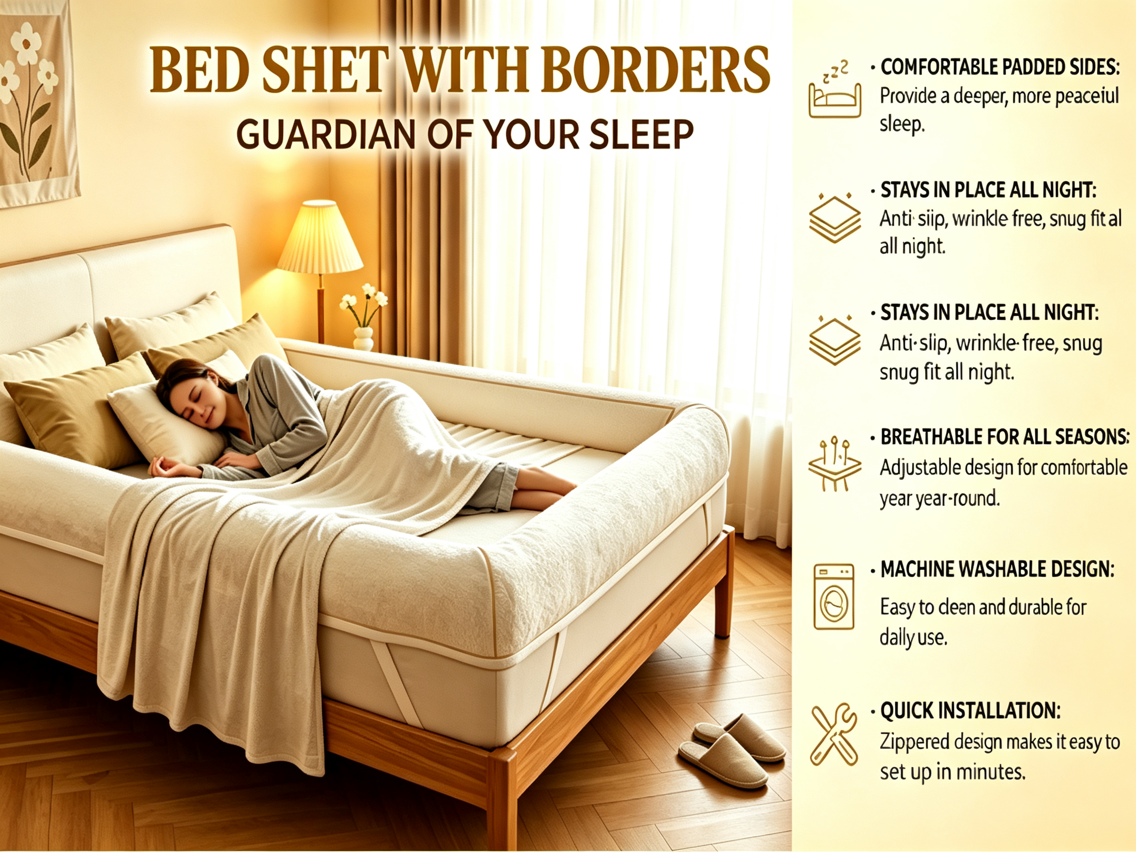 Padded bed sheet with soft bordered sides wrapping around mattress preventing items from falling off for deeper more peaceful sleep