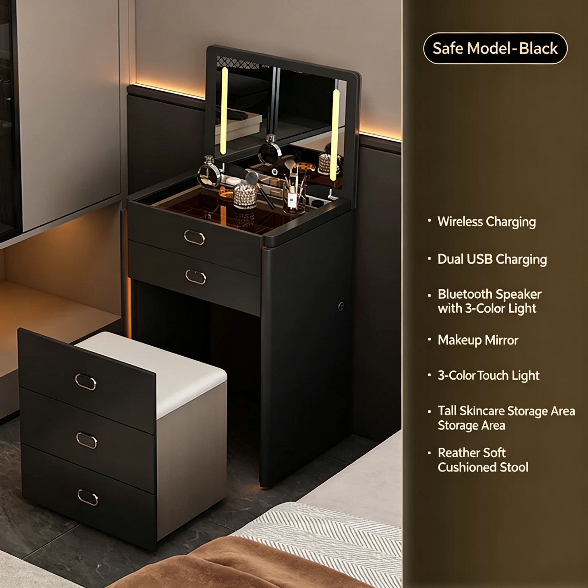 Smart Nightstand with LED Lighting and Safe Box