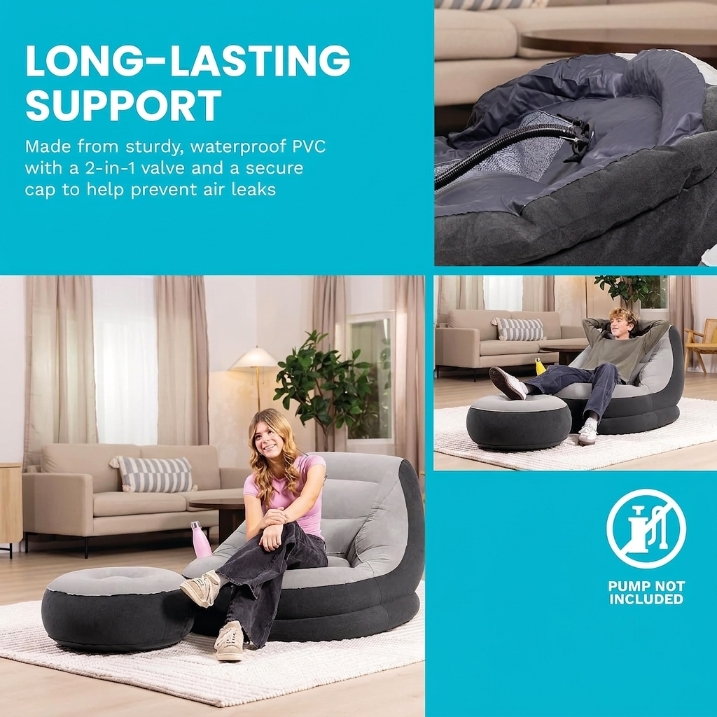 Ultra Lounge Inflatable Chair: Built-in Cupholder – Ottoman Foot Rest – 2-in-1 Valve – Flocked Construction – 220lb Weight Capacity