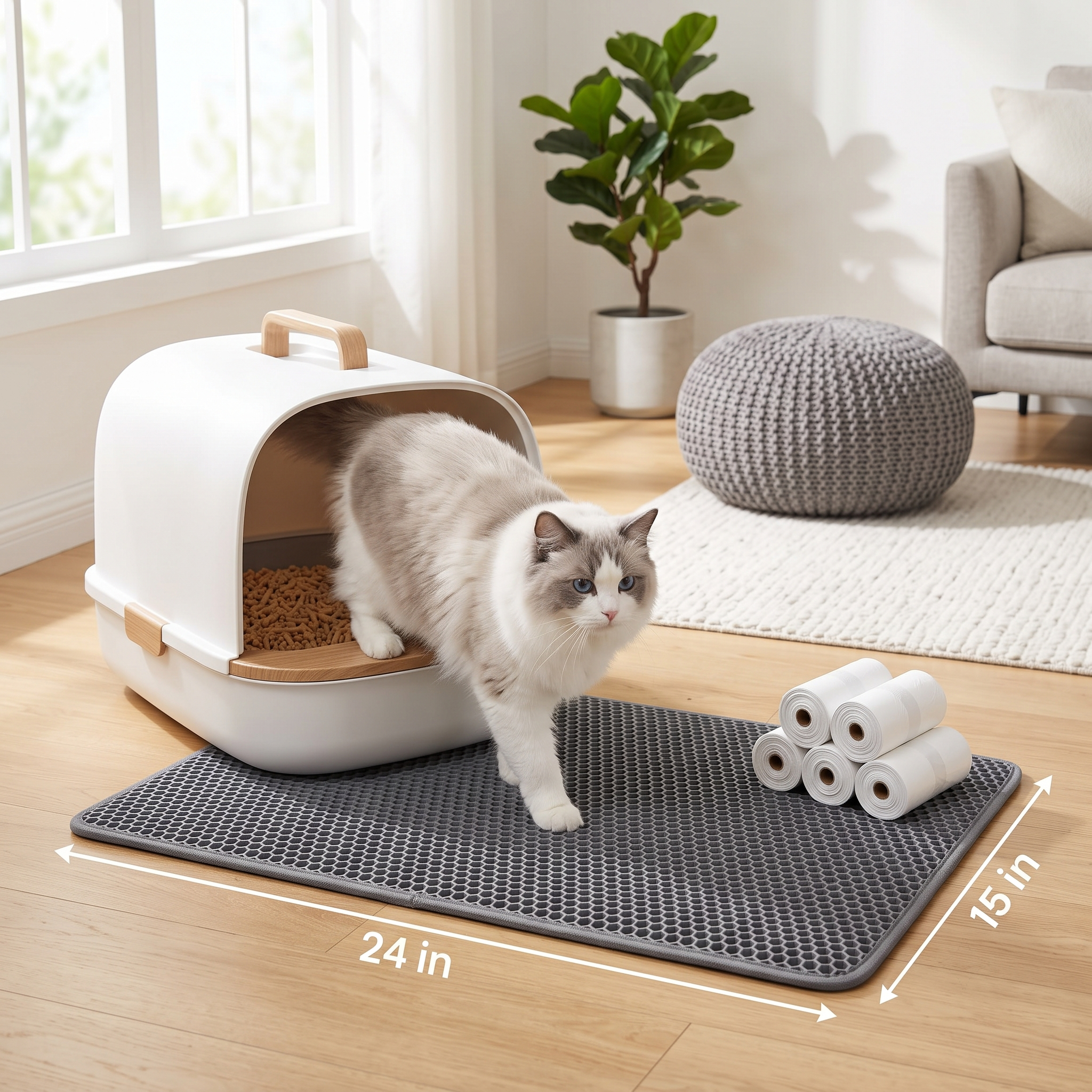 2-in-1 Cat Litter Mat & Odor-Sealing Waste Bag Set, Double-Layer Waterproof Anti-Tracking Mat with 6 Rolls of Heavy-Duty Disposal Bags