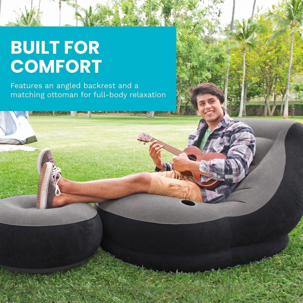 Ultra Lounge Inflatable Chair: Built-in Cupholder – Ottoman Foot Rest – 2-in-1 Valve – Flocked Construction – 220lb Weight Capacity
