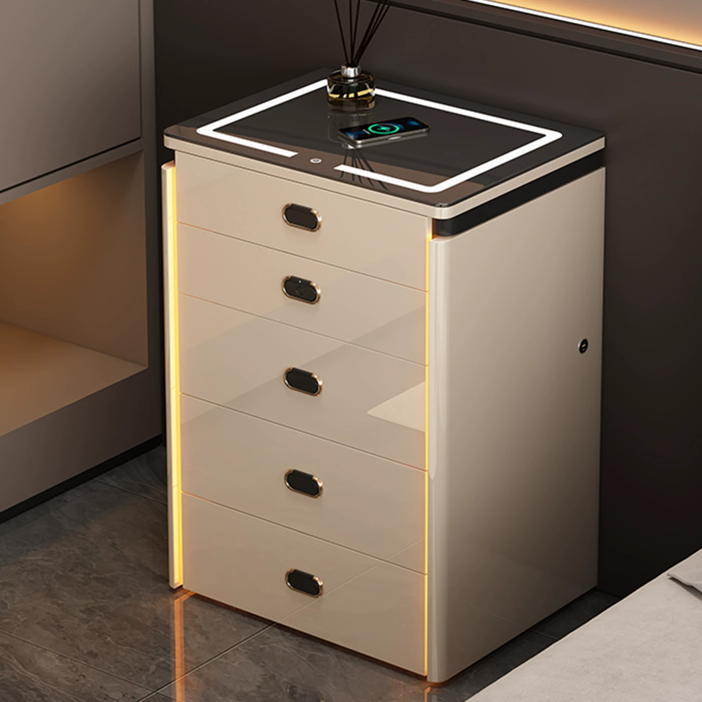 Smart Nightstand with LED Lighting and Safe Box