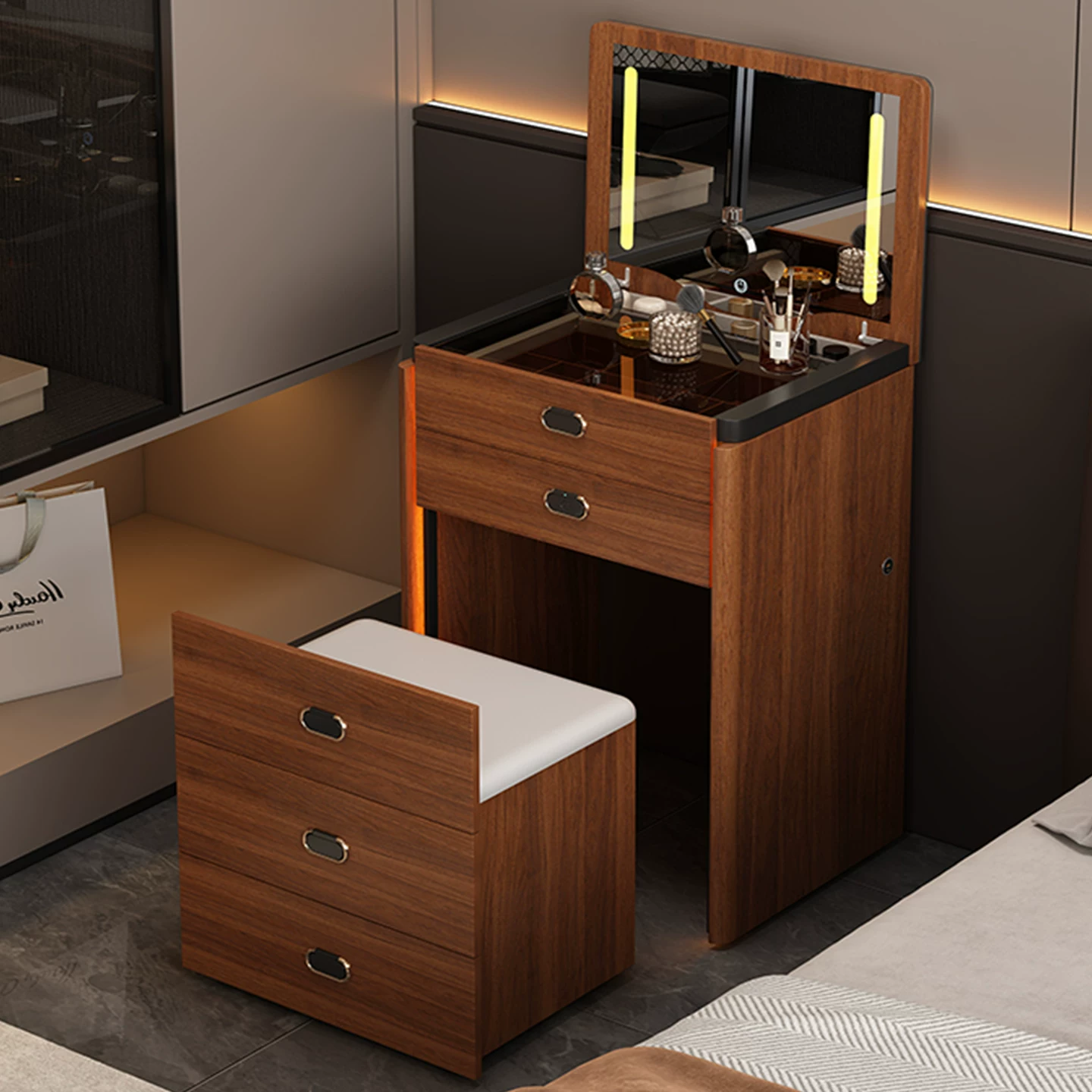 Smart Nightstand with LED Lighting and Safe Box
