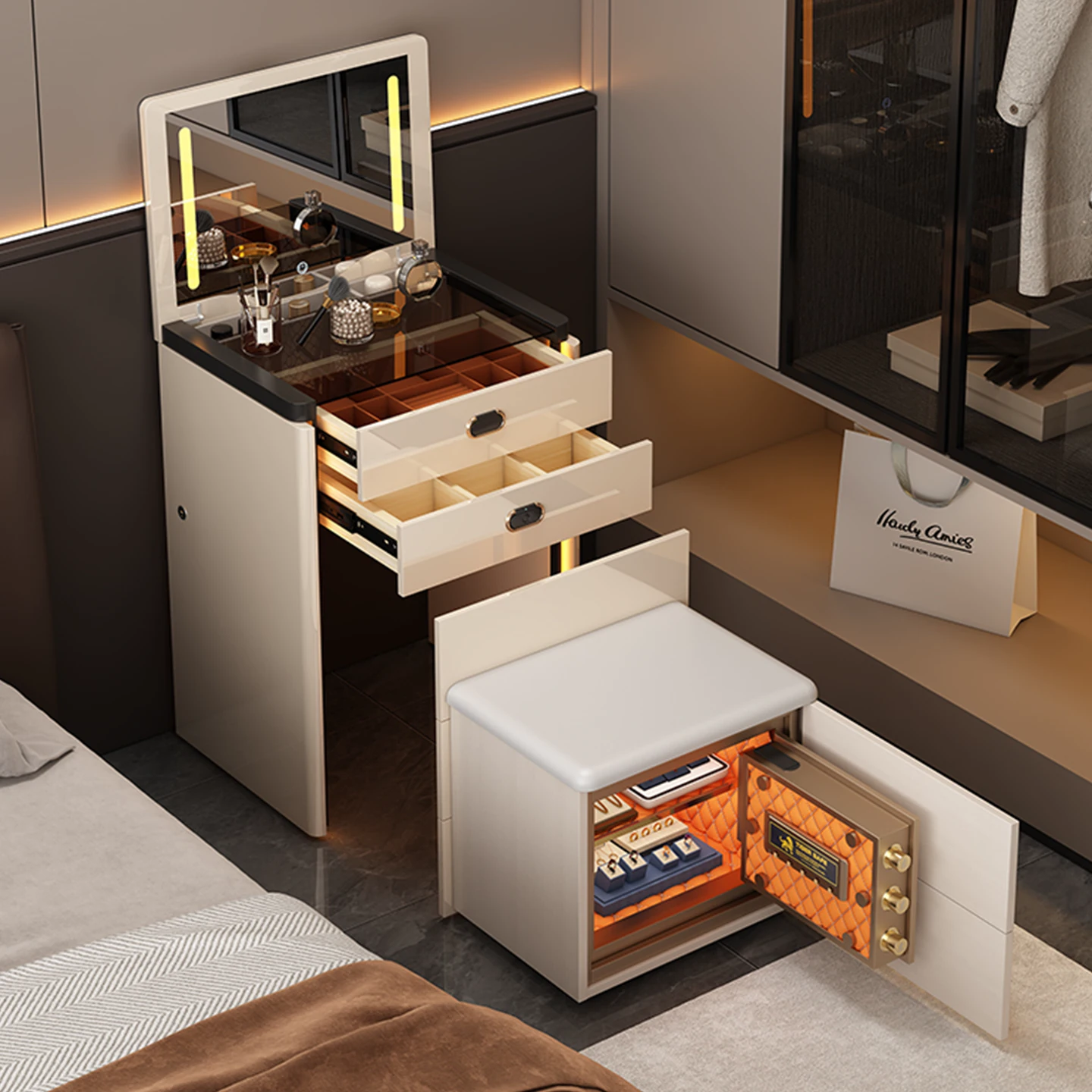 Smart Nightstand with LED Lighting and Safe Box