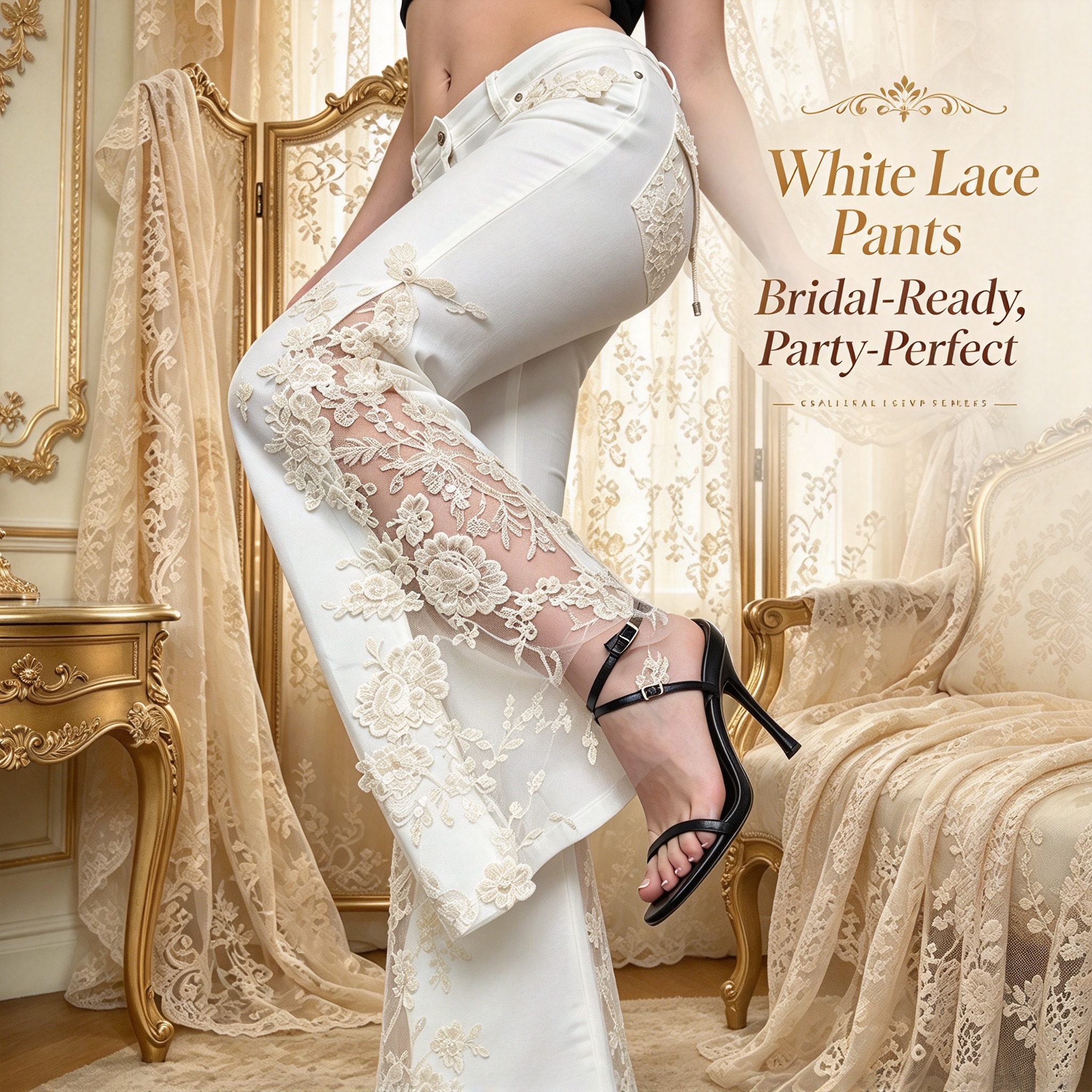 Elegant white lace flare pants with sheer floral details perfect for bridal events weddings and fancy cocktail parties