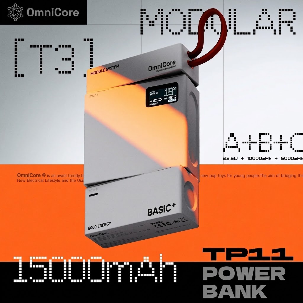 OmniCore™ 3-in-1 Modular Power Bank (15,000mAh) with Built-In Cables