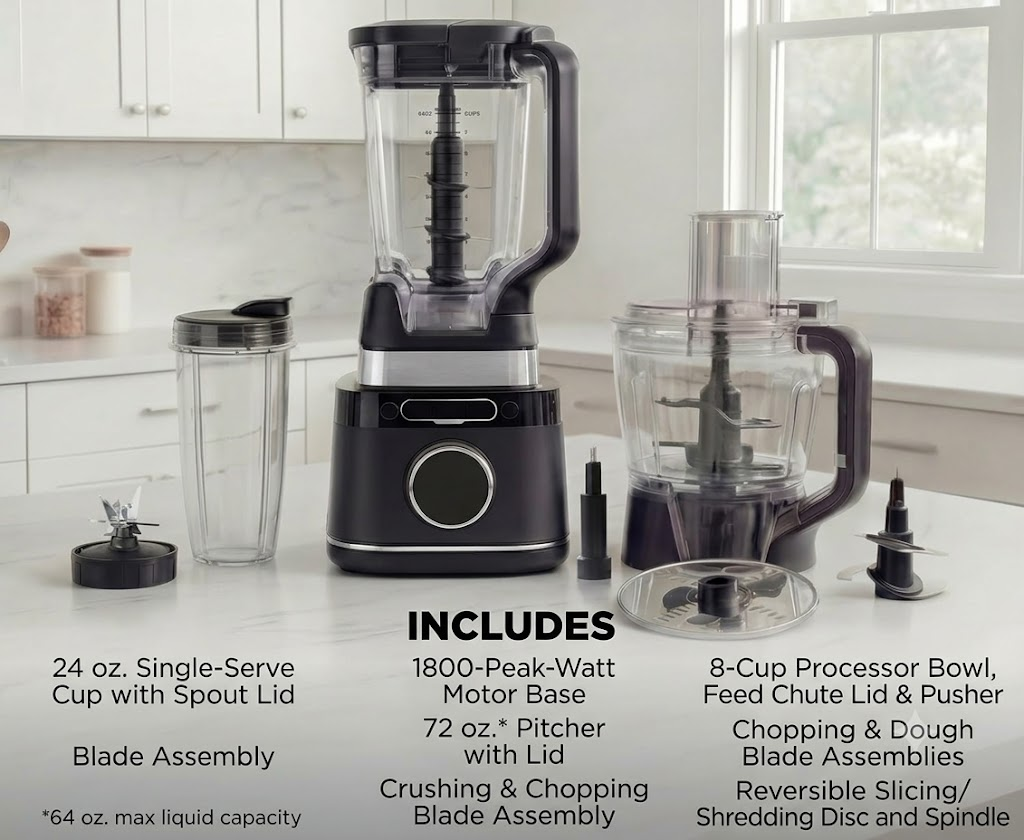 1800W Smart Kitchen System & Blender Combo, 72 oz XL Pitcher & 8-Cup Food Processor with Auto-Sensing Tech for Smoothies, Dough & Salsa