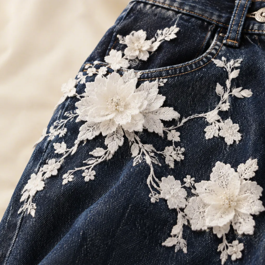 Customizing pre-loved vintage denim by hand with lace 🤍