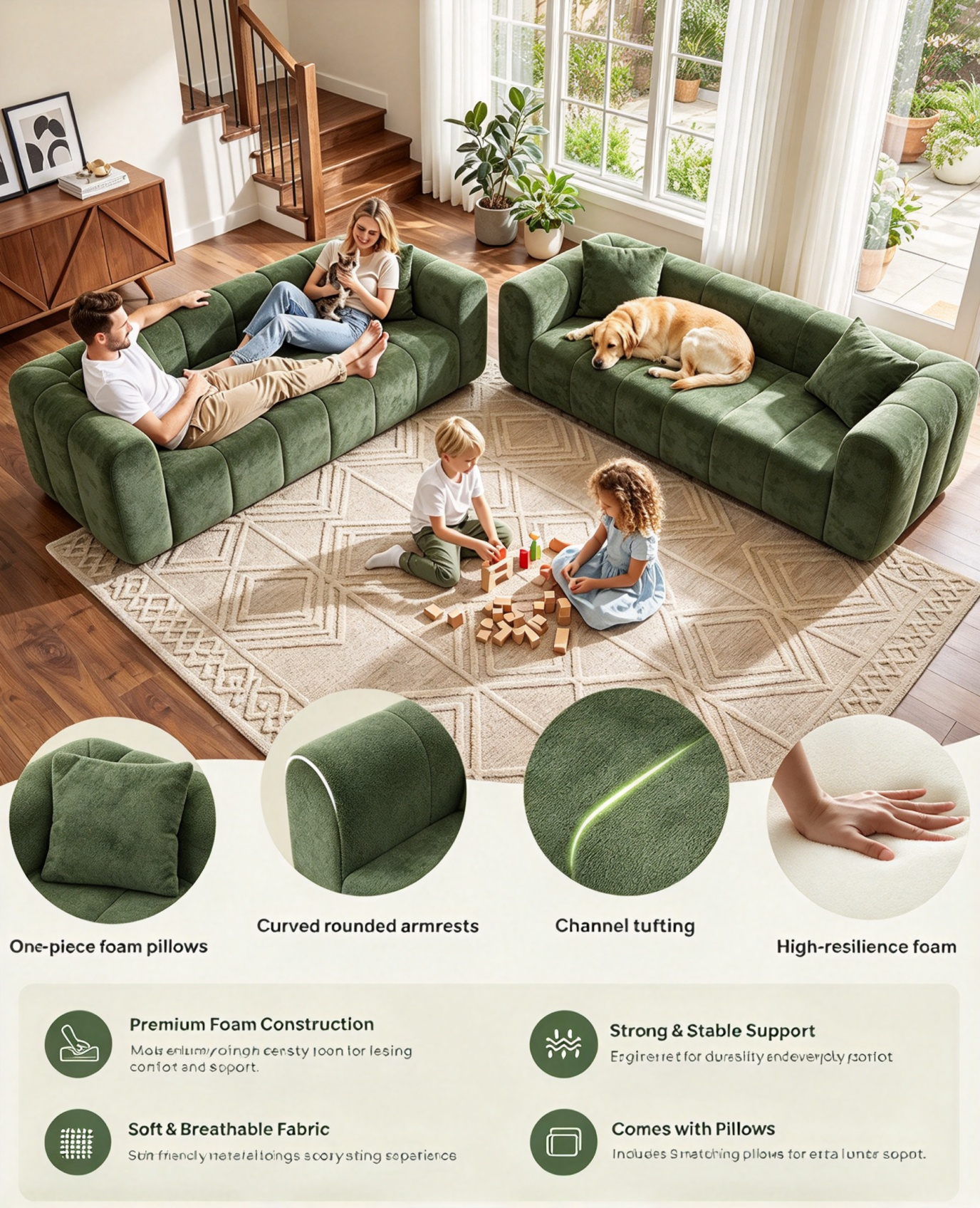 Cozy family sofa with plush channel-tufted design high-resilience foam and chenille fabric paired with matching pillows for daily family relaxation
