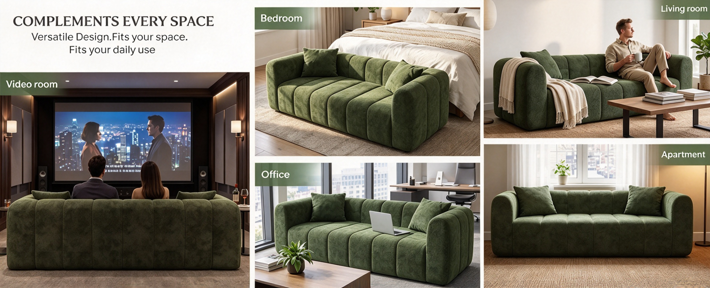 Multi-space cozy family sofa fitting living rooms bedrooms offices apartments and media rooms blending into diverse home decor styles