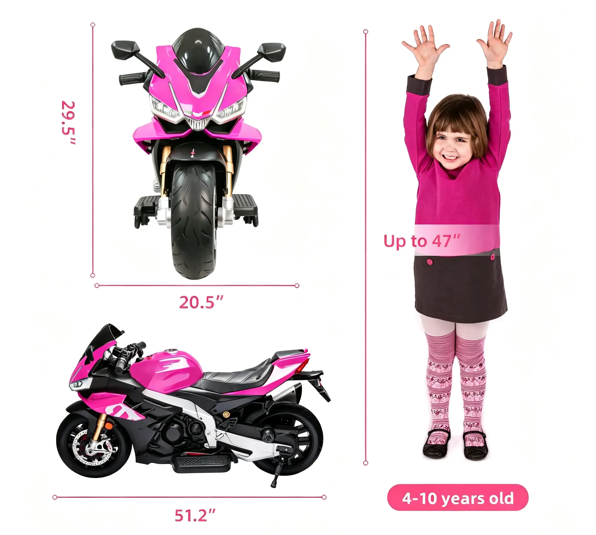 Size and age guide for kids ride-on motorcycle showing overall length 51.2 inches height 29.5 inches width 20.5 inches for children aged 4 to 10 years old