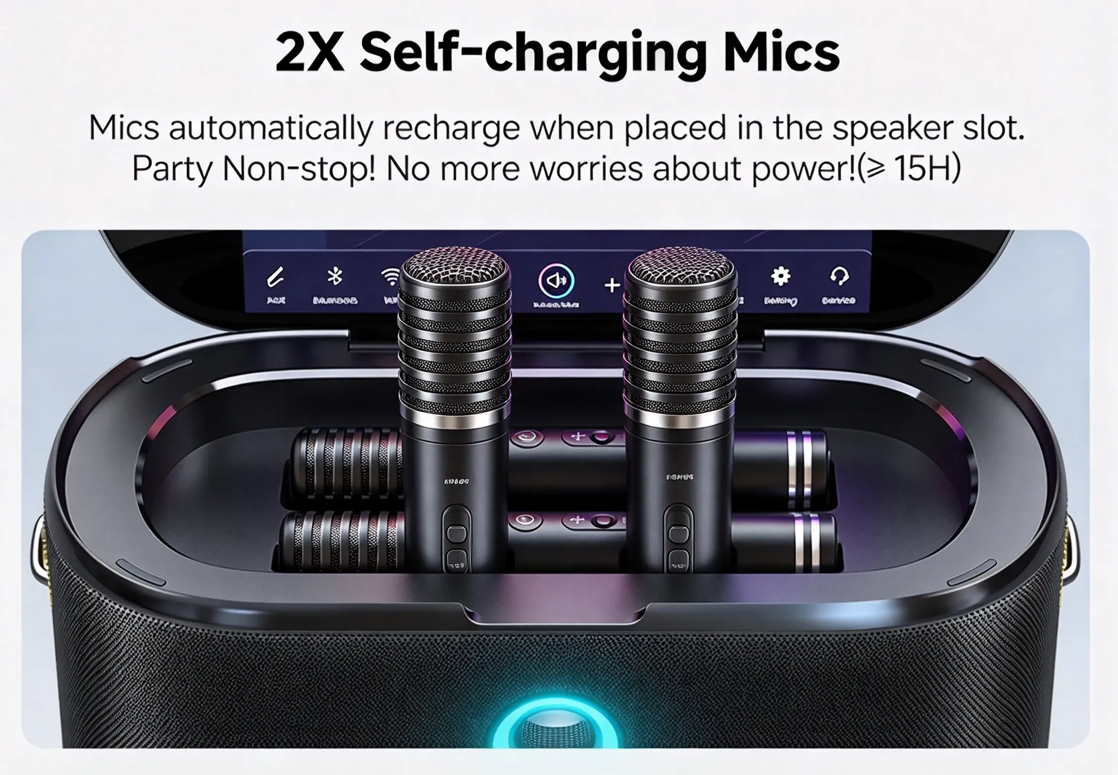 Two wireless mics recharge automatically in speaker slot up to 15 hours singing time