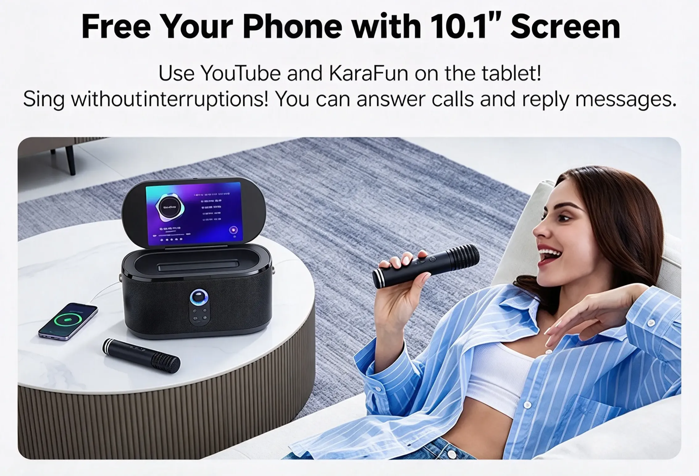 10.1 inch built in touch screen supports video and karaoke apps keep phone free nonstop singing