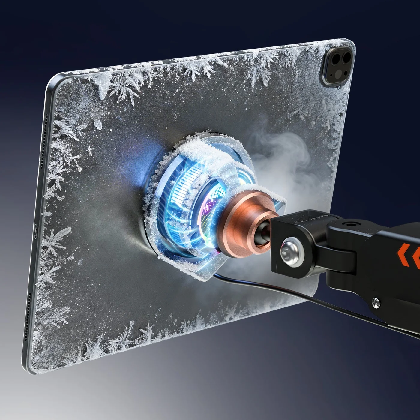 MagCool Arm Pro™ Gas-Spring Cooling Gaming Tablet Mount – Semiconductor Magnetic RGB Cooler & Heavy-Duty Multi-Axis Mechanical Arm for iPad