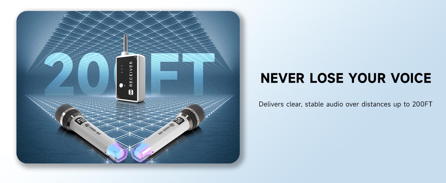 Wireless Microphones, Micorphone with One-to-One Chip Connection and LED Lights, 40H Duration, 200FT Range Receiving, Volume Control Karaoke Micorphone for Singing, Speech, Home Party, YouTube/Tiktok summerwins