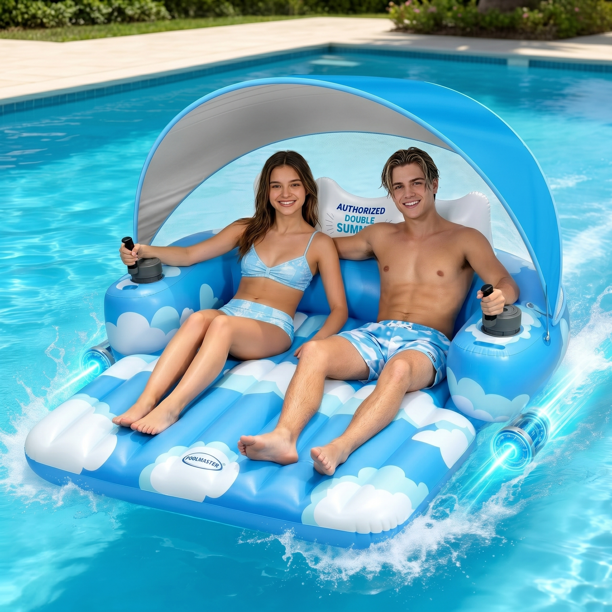 Motorized Pool Float for Adults, Rechargeable Electric Inflatable Lounger with Canopy, Lake River Floats Adult Size with Dual Motors, Pool Toys for Party, Vacation & Relaxation
