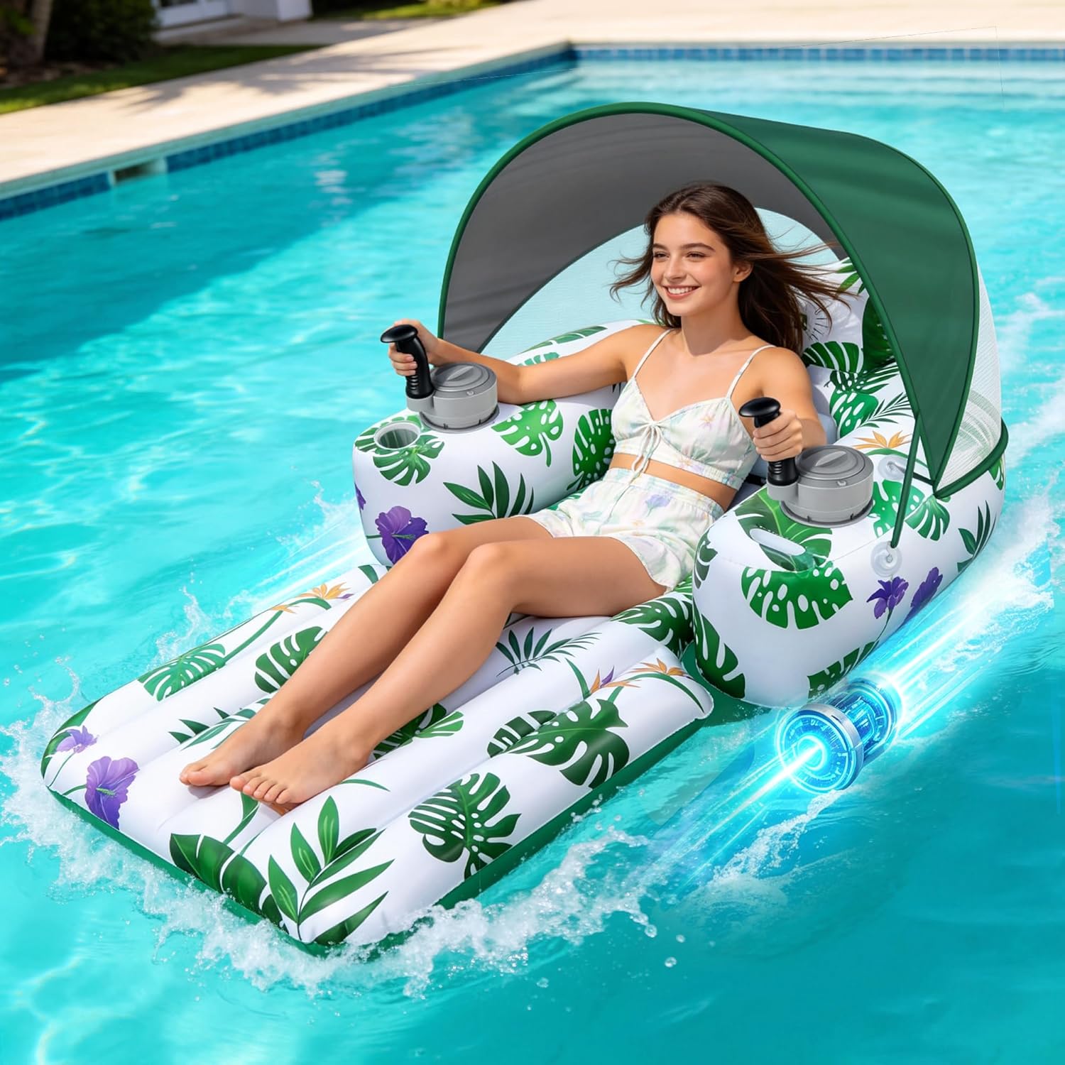 Motorized Pool Float for Adults, Rechargeable Electric Inflatable Lounger with Canopy, Lake River Floats Adult Size with Dual Motors, Pool Toys for Party, Vacation & Relaxation