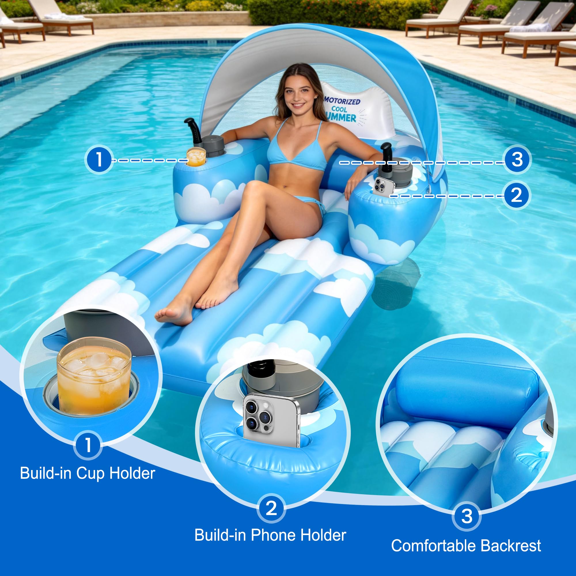 Motorized Pool Float for Adults, Rechargeable Electric Inflatable Lounger with Canopy, Lake River Floats Adult Size with Dual Motors, Pool Toys for Party, Vacation & Relaxation