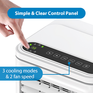 Simple and clear control panel with touch buttons for three cooling modes and two fan speeds