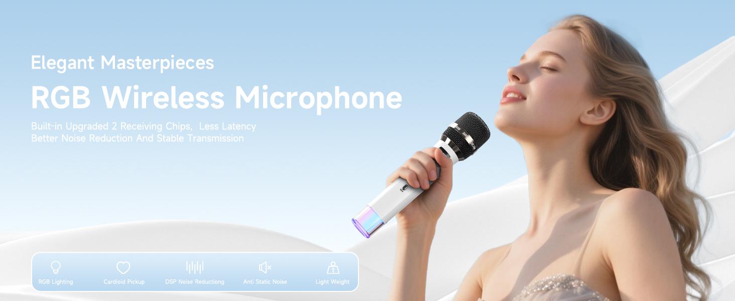 Wireless Microphones, Micorphone with One-to-One Chip Connection and LED Lights, 40H Duration, 200FT Range Receiving, Volume Control Karaoke Micorphone for Singing, Speech, Home Party, YouTube/Tiktok summerwins