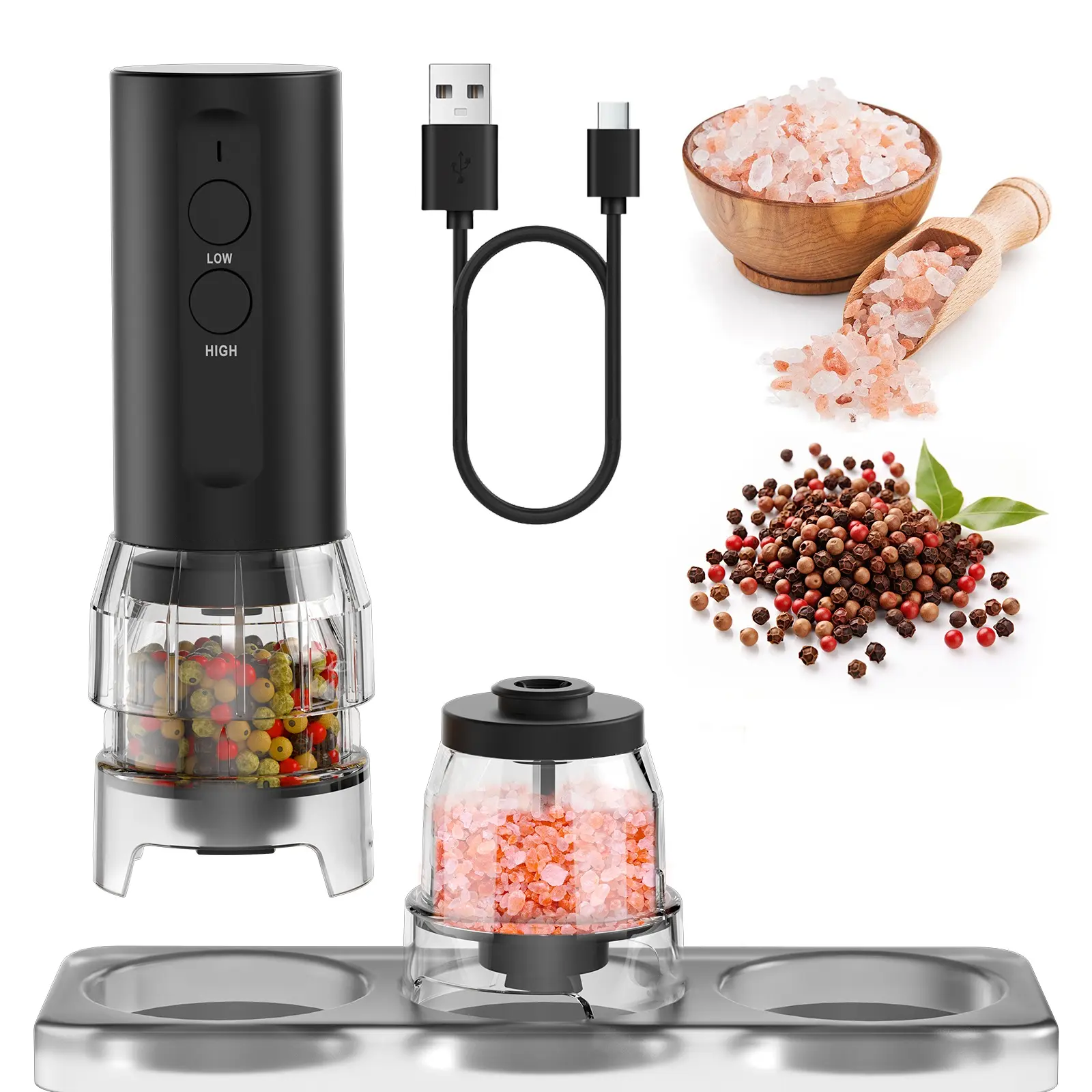 ODIFORGO Electric Salt and Pepper Grinder Set, 2026 New Upgrade, USB Rechargeable Automatic Pepper Mill, 3 Large Capacity Quick-Switch Silos, Adjustable Coarseness, Stainless Steel BBQ Grill Kitchen Gadget with LED Light summerwins