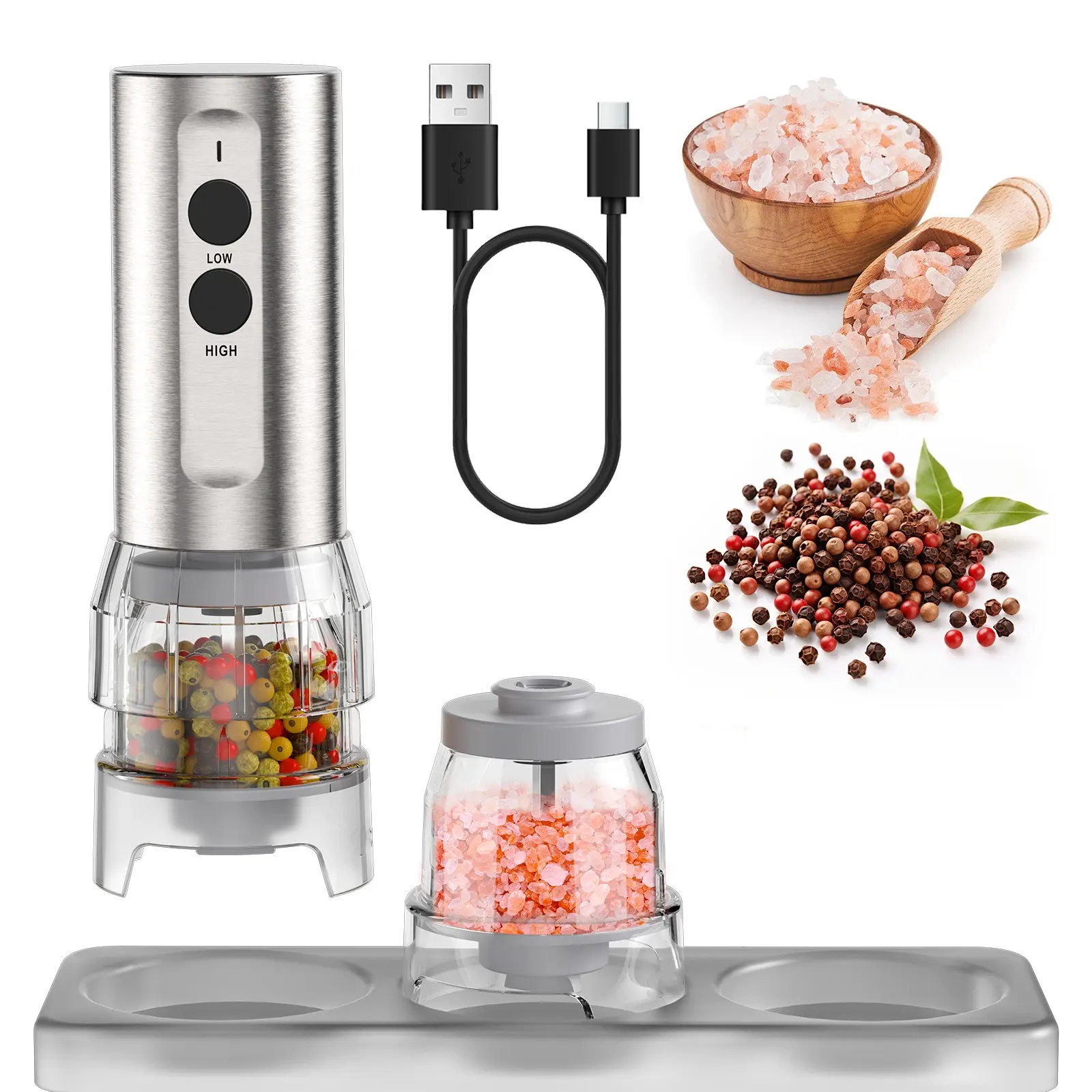ODIFORGO Electric Salt and Pepper Grinder Set, 2026 New Upgrade, USB Rechargeable Automatic Pepper Mill, 3 Large Capacity Quick-Switch Silos, Adjustable Coarseness, Stainless Steel BBQ Grill Kitchen Gadget with LED Light summerwins