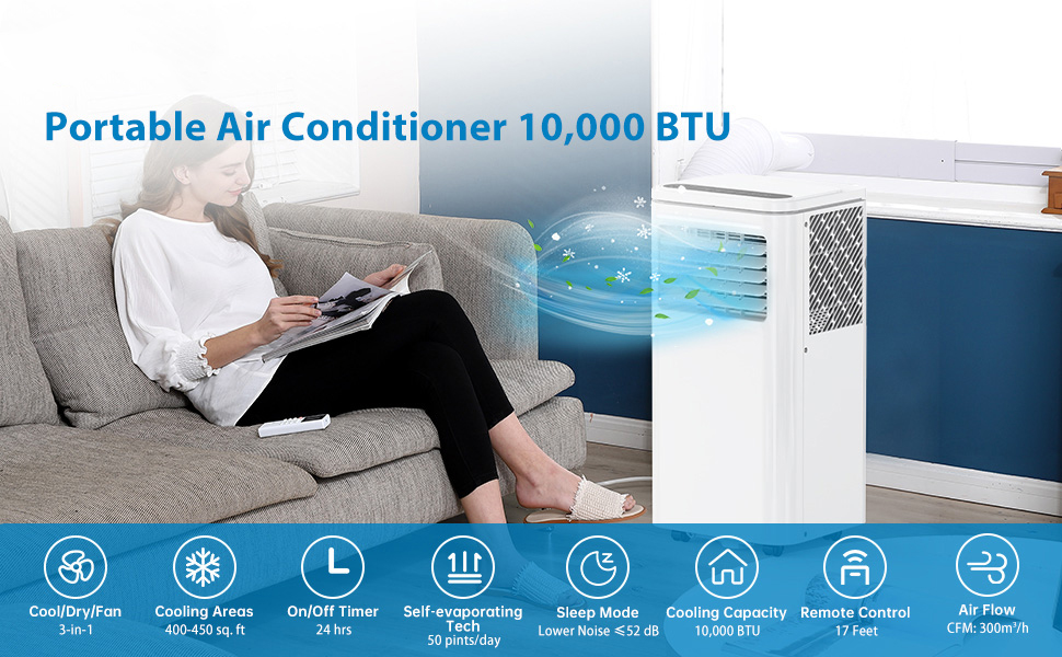 Portable AC in living room with 8 key function icons displayed