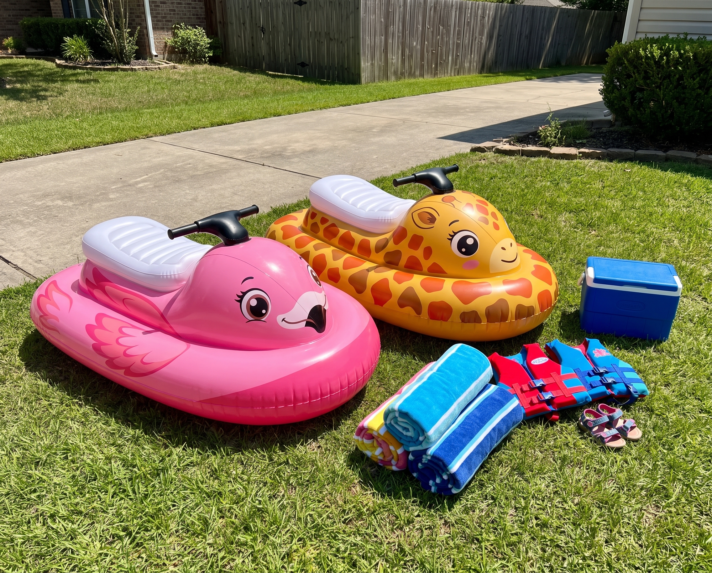 Children happily riding whale floats by the dock