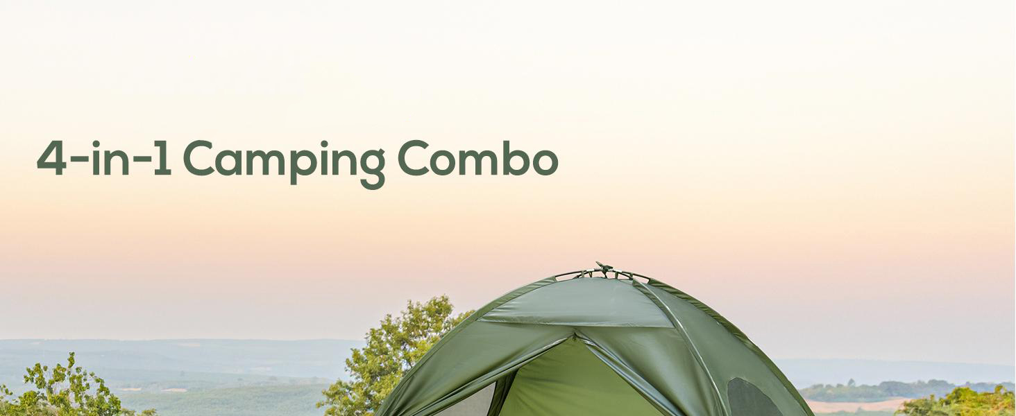 4-in-1 camping combo dome tent set up in a scenic outdoor landscape at golden hour