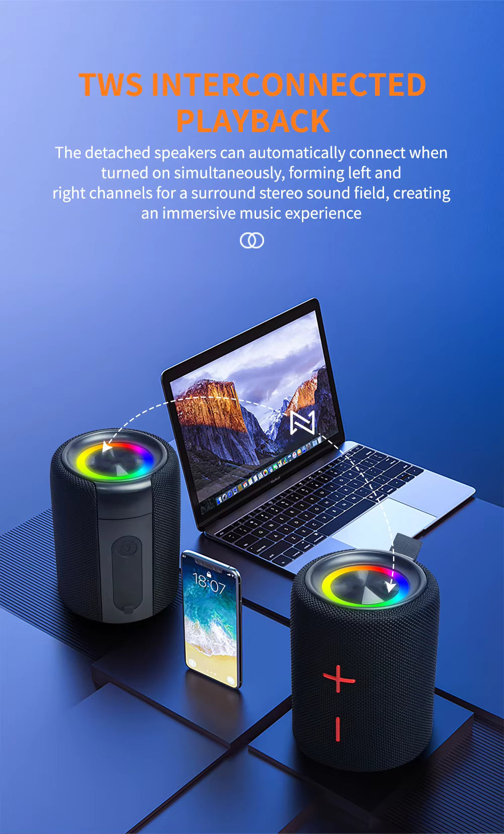 TWS interconnected playback &mdash; two speakers form left and right surround sound