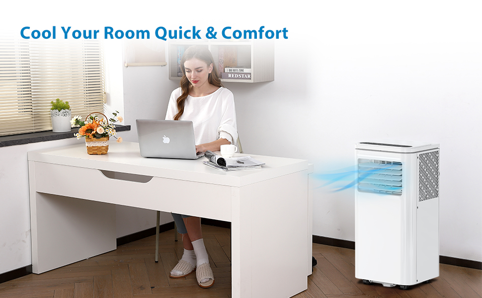 Portable air conditioner cooling a home office quickly and comfortably