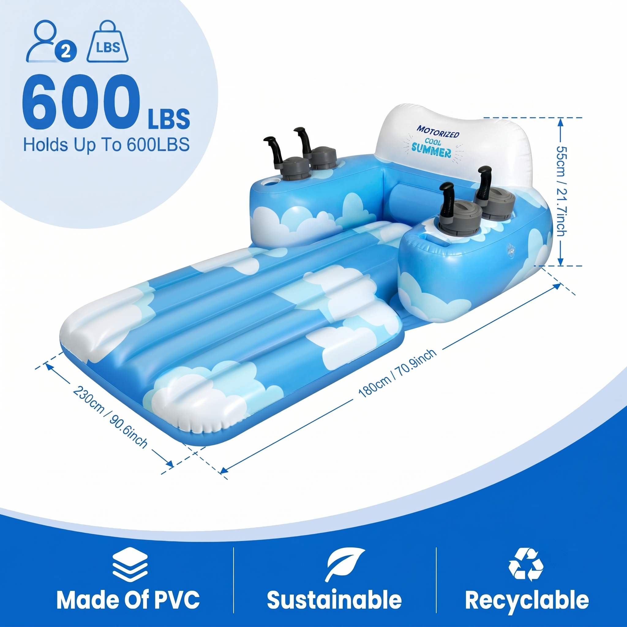 Motorized Pool Float for Adults, Rechargeable Electric Inflatable Lounger with Canopy, Lake River Floats Adult Size with Dual Motors, Pool Toys for Party, Vacation & Relaxation