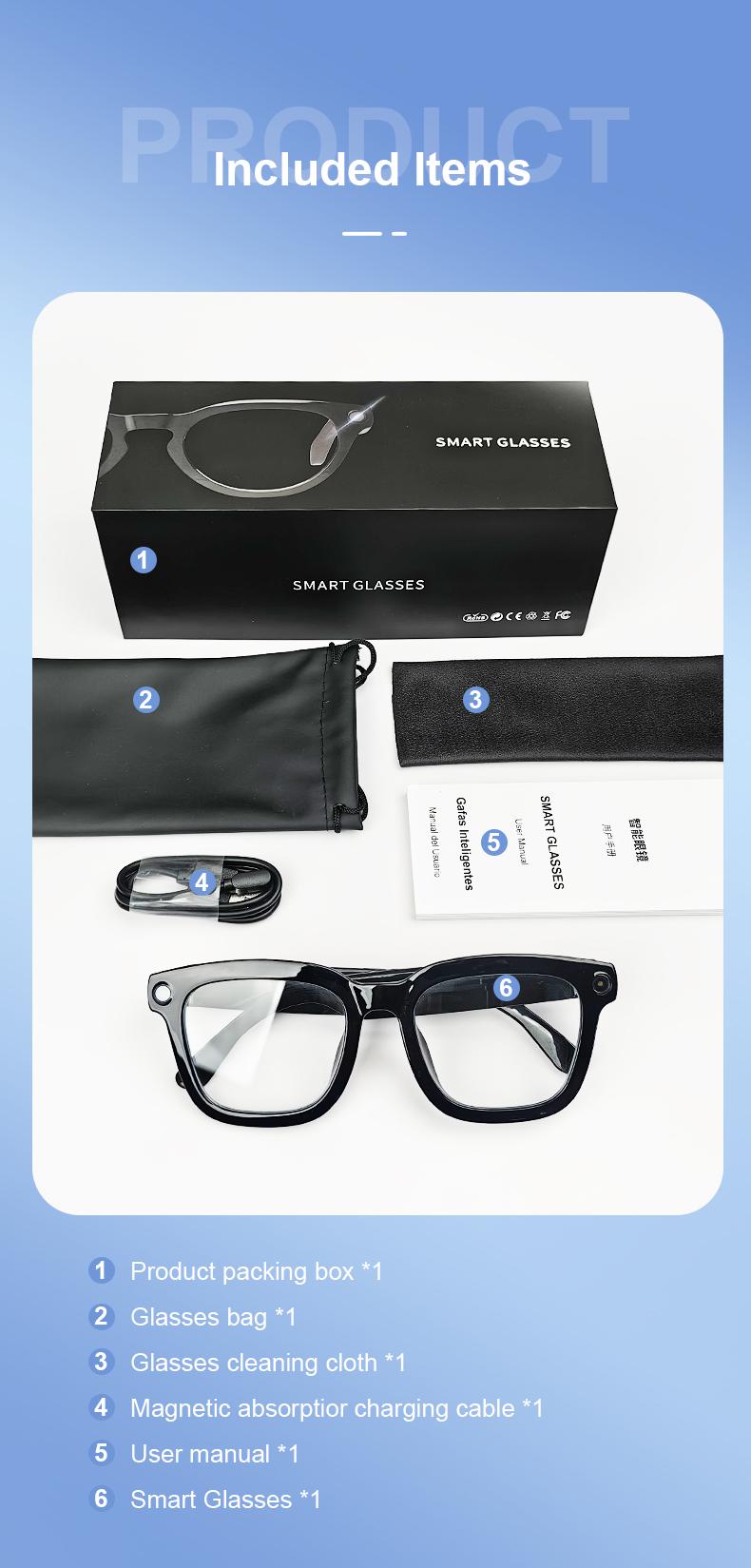 Package contents &mdash; smart glasses, charging cable, pouch, cloth, manual