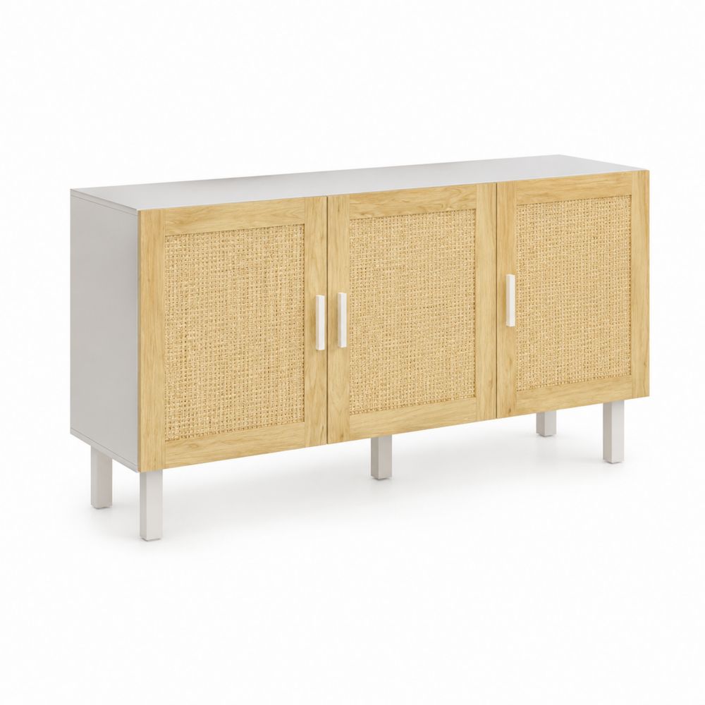 Aparador de Madera y Mimbre con Marco Metálico 3 Puertas 120x35x70cm Beige
