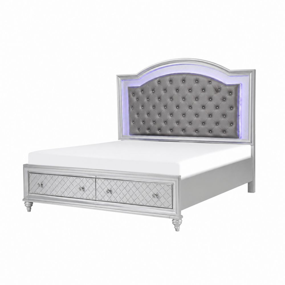 Cama tapizada gris con almacenamiento y cabecero LED 200x160 cm