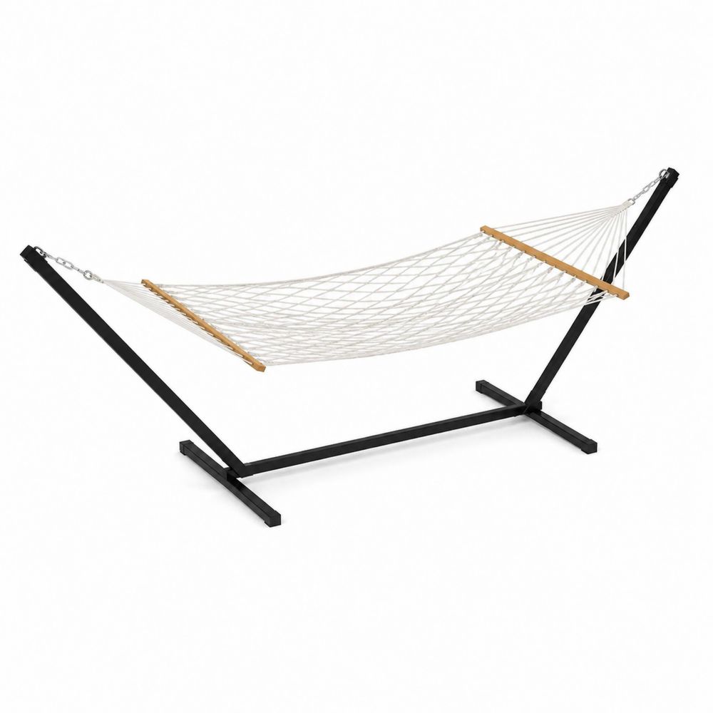 Hamaca de Algodón con Soporte de Acero Negro y Blanco para Exterior