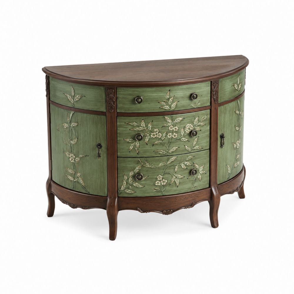 Aparador semicircular de madera con diseño floral verde