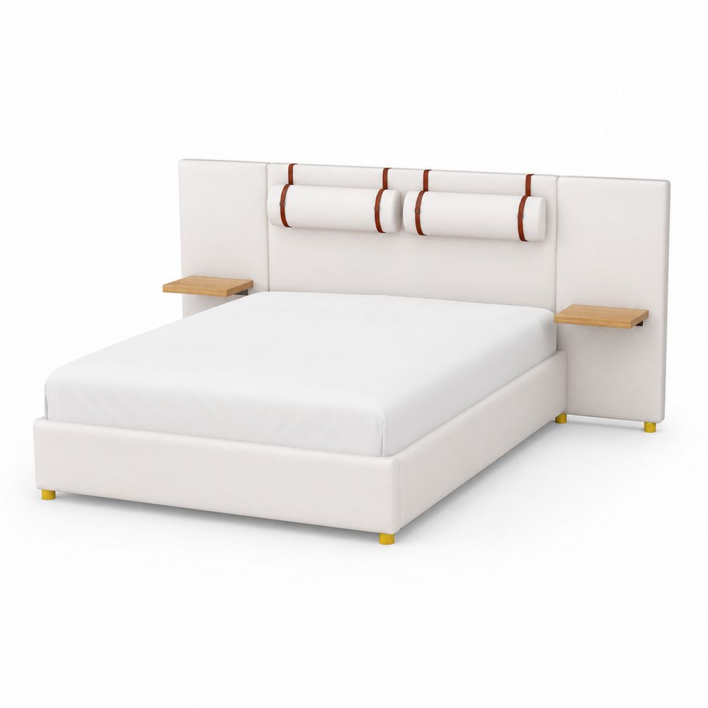 Cama de Poliéster Blanca con Cabecero Acolchado y Estantes de Madera