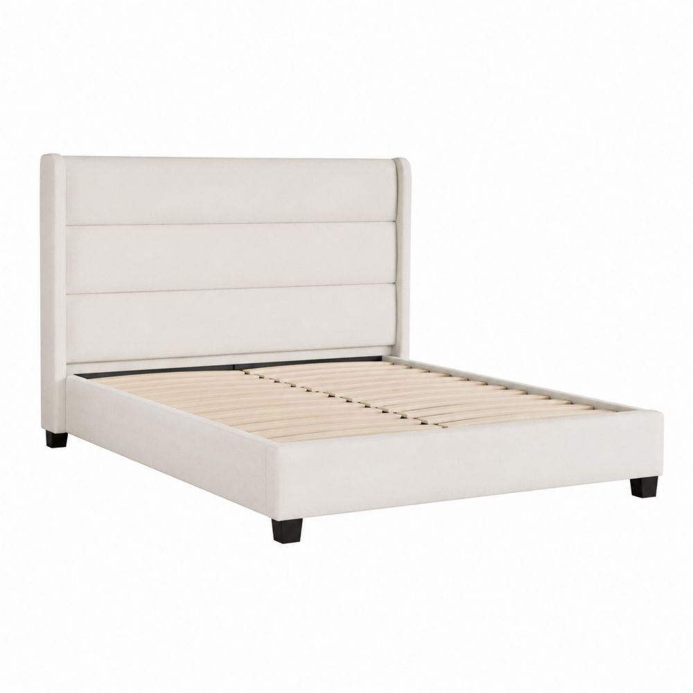 Cama tapizada de poliéster y marco de pino, 200x150 cm, Beige