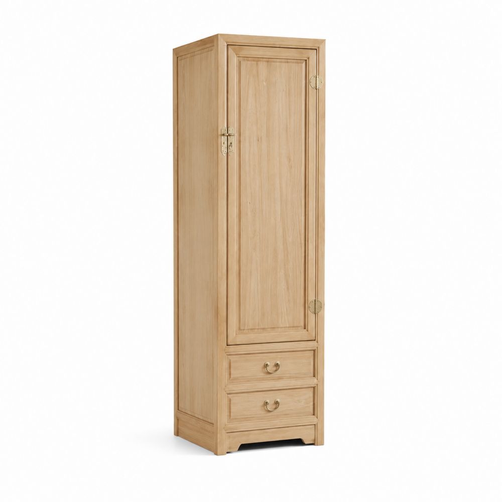 Armario estrecho de madera con 1 puerta y 2 cajones, 180x40x35 cm, color Natural