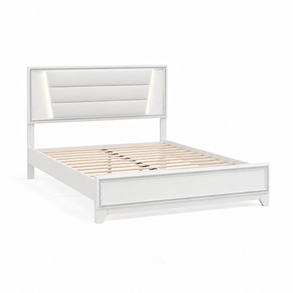 Cama de madera con cabecero tapizado en cuero sintético y luces LED, 200x160 cm, Blanco