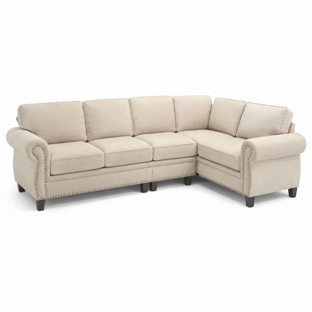 Sofá Seccional Esquina de Lino Beige con Brazos Enrollados