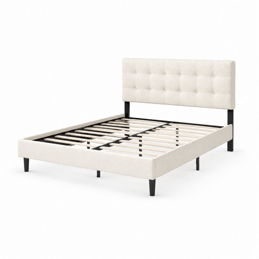 Cama de madera y metal tapizada en poliéster Beige 200x150 cm