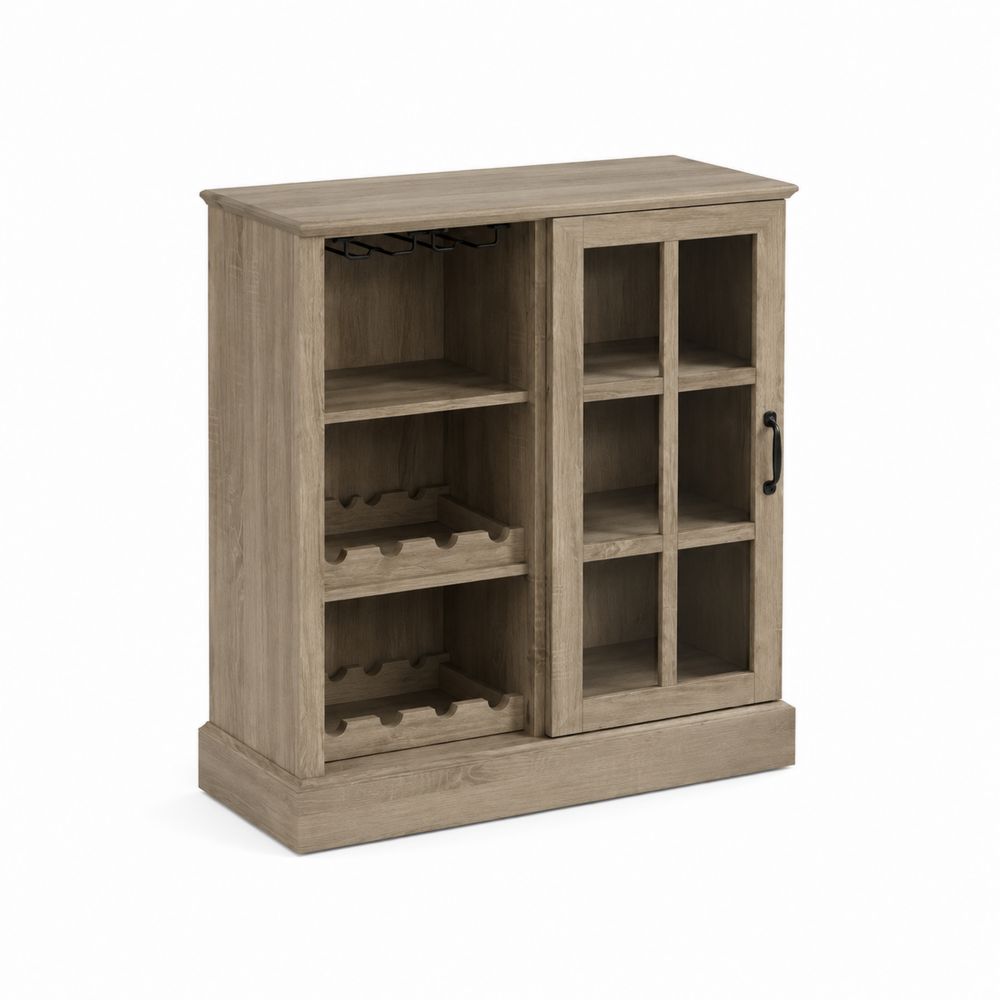 Aparador de Madera Roble con Puerta de Vidrio y Almacenamiento para Vino