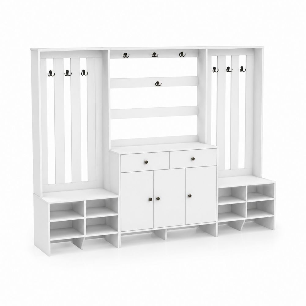 Mueble de entrada de madera con ganchos y almacenamiento