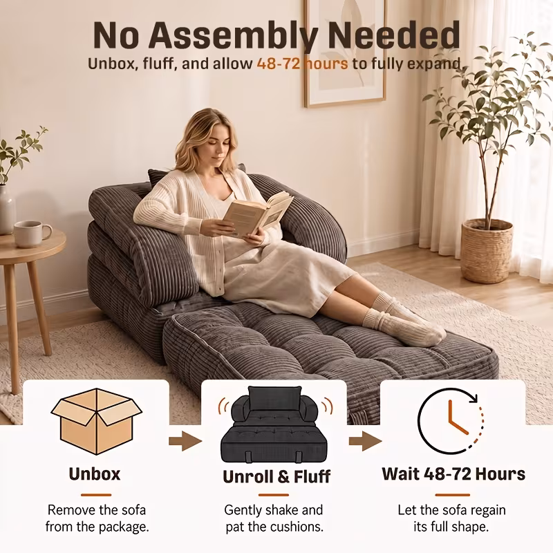 3 in 1 convertible folding sofa bed boneless floor futon couch with pillow   shaped corduroy upholstered deep seat sleeper high density memory foam ultra soft comfy lounge bean   chair Product details 7