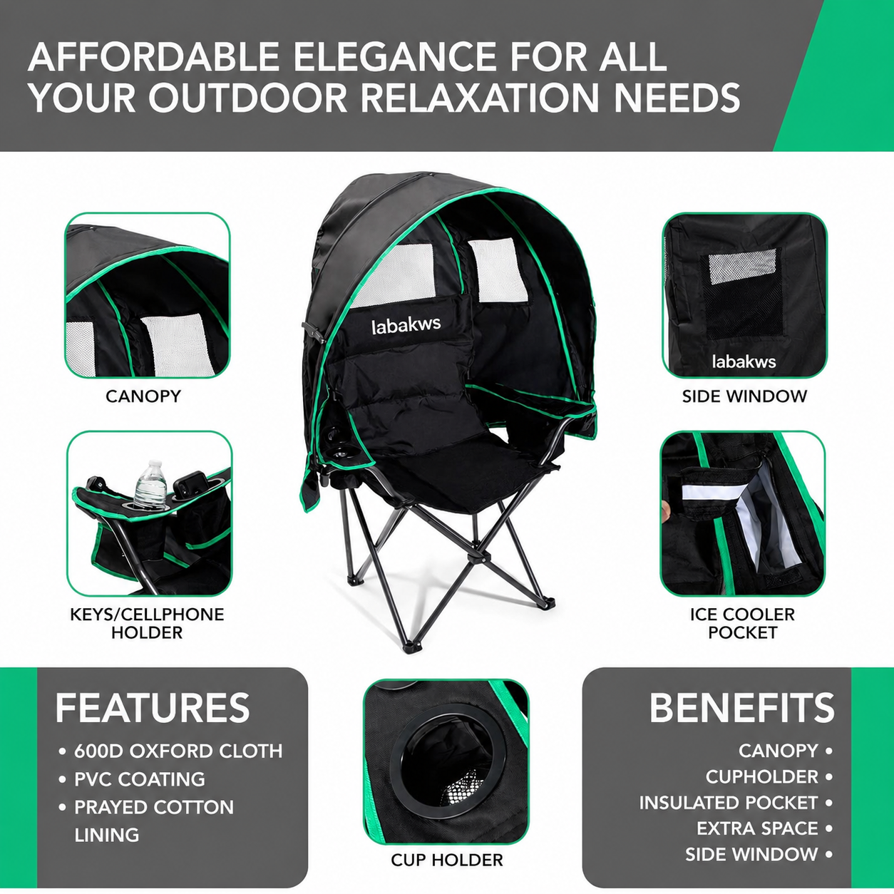 Folding Camping Chair - Outdoor Sun Lounger with Retractable Canopy Shade, UV Protection, Ice Cooler Pocket, Phone Holder & Storage Bag
