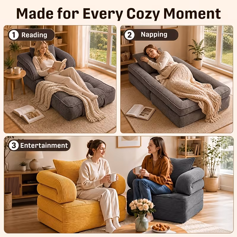 3 in 1 convertible folding sofa bed boneless floor futon couch with pillow   shaped corduroy upholstered deep seat sleeper high density memory foam ultra soft comfy lounge bean   chair Product details 5