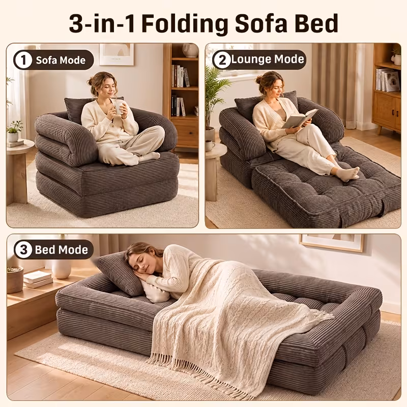 3 in 1 convertible folding sofa bed boneless floor futon couch with pillow   shaped corduroy upholstered deep seat sleeper high density memory foam ultra soft comfy lounge bean   chair Product details 3