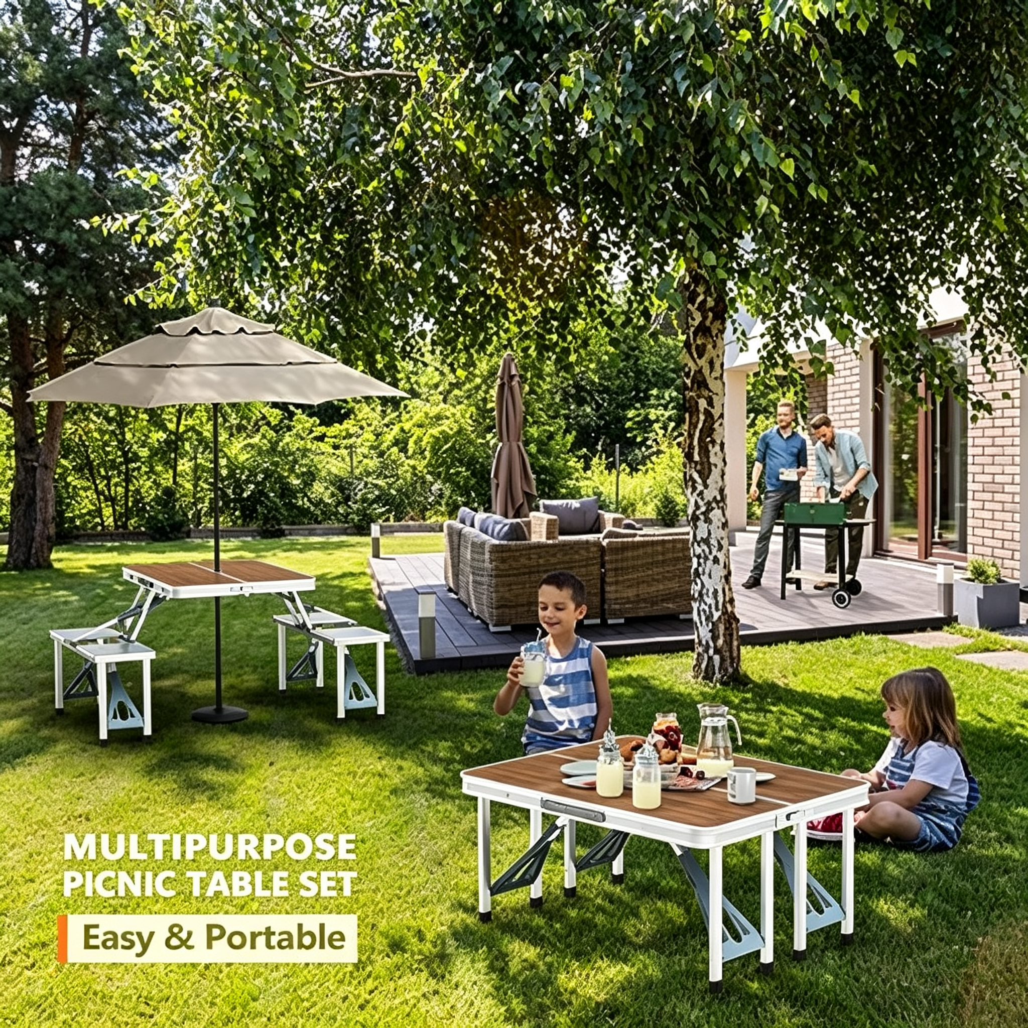 4 Ft Camping Picnic Table Set with 4 Seats with Umbrella Hole Folding Lightweight Suitcase Card Table-220 Lbs Support Aluminum Frame, Plastic RV Tabletop for Barbecue,Travel,Outing,Gathering